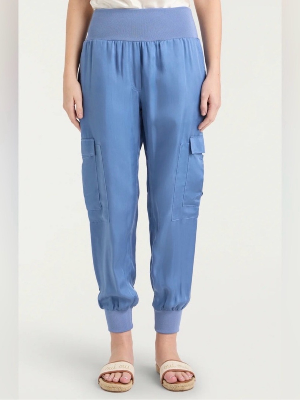 5a7 Cinq a Sept Giles Satin Cupro Cropped Cargo Jogger Pants Blue Size Medium